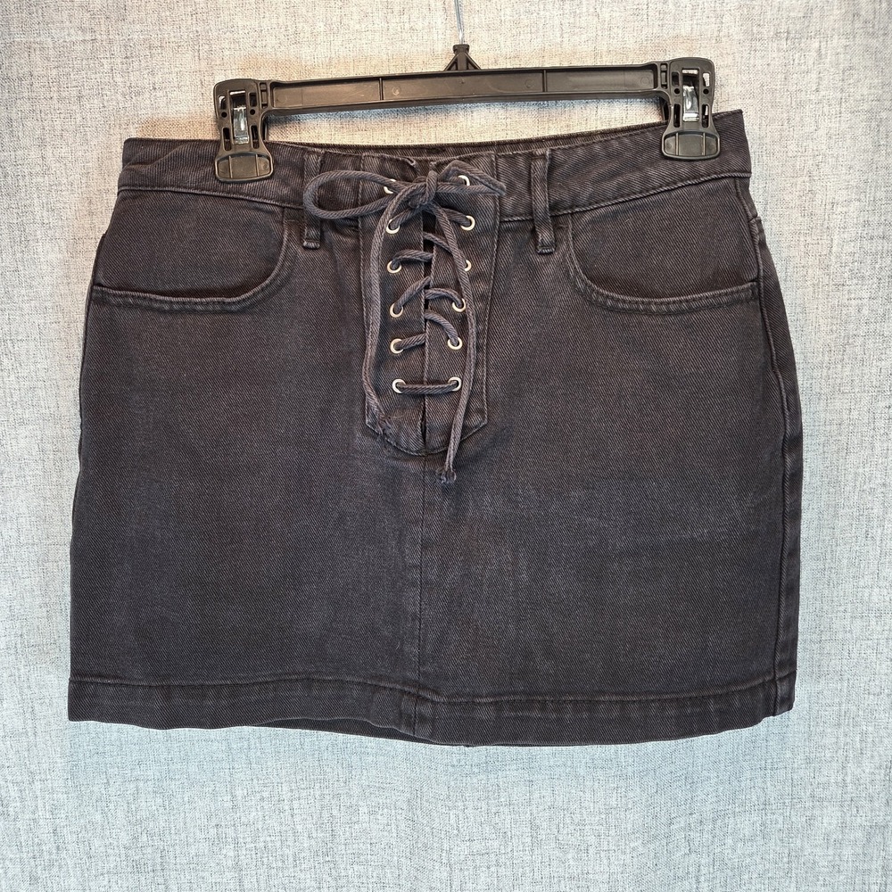 Kendall & Kylie Womens Denim Skirt 25 Black Mini Criss Cross Drawstring Grunge‎